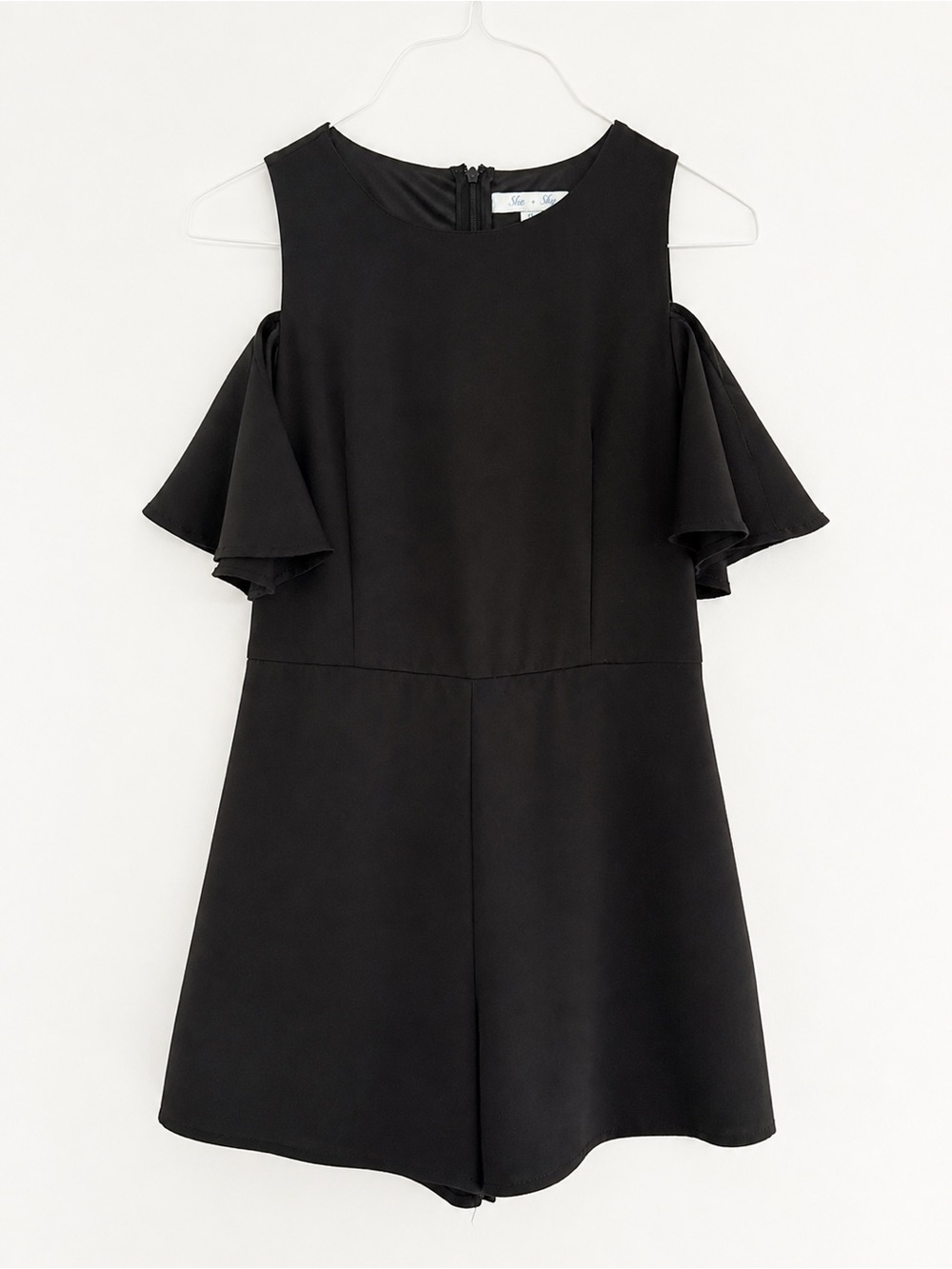 She + Sky Black Cold-Shoulder Mini Romper